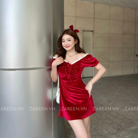 ĐẦM NHUNG CỔ VUÔNG THẮT NƠ ZAREEN DAX58