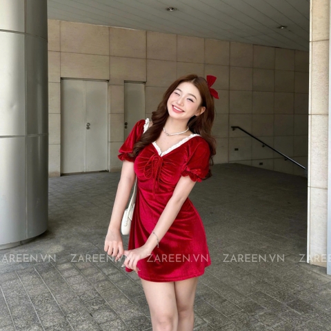 ĐẦM NHUNG CỔ VUÔNG THẮT NƠ ZAREEN DAX58