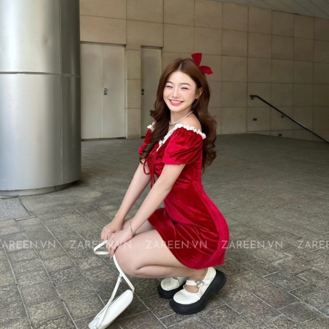 ĐẦM NHUNG CỔ VUÔNG THẮT NƠ ZAREEN DAX58