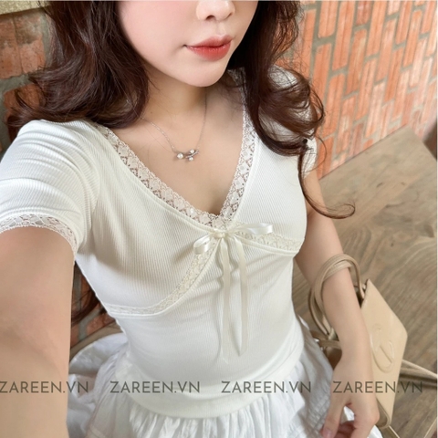 ÁO THUN CROPTOP CỔ V PHỐI REN ZAREEN THU163