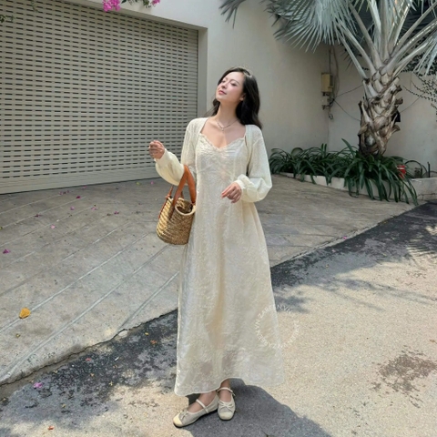 ĐẦM 2 DÂY TƠ THÊU HOA PHỐI REN ZAREEN DAX116