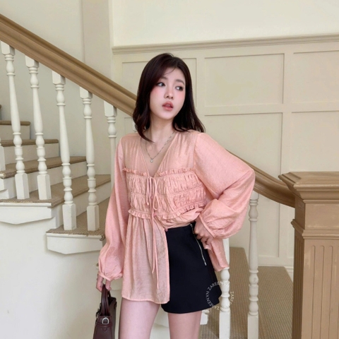 ÁO SƠ MI TƠ NHÚN NGỰC TAY PHỒNG ZAREEN SOM82