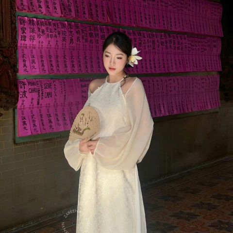 ÁO DÀI VÂN THANH CỔ YẾM ĐÍNH NGỌC TRAI ZAREEN ADI09