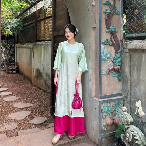 ÁO DÀI ĐAN THANH LỤA TẰM CỔ TRÒN ĐÍNH NÚT ZAREEN ADI03