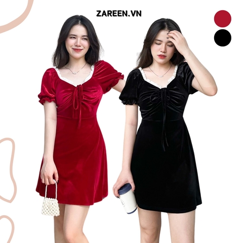 ĐẦM NHUNG CỔ VUÔNG THẮT NƠ ZAREEN DAX58