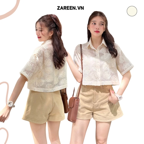 ÁO SƠ MI CROPTOP NƠ THÊU HOA ZAREEN SOM68