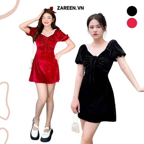 ĐẦM NHUNG CỔ VUÔNG THẮT NƠ ZAREEN DAX58