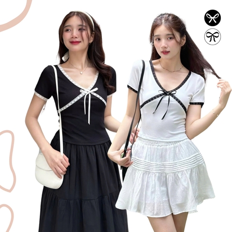 ÁO THUN CROPTOP CỔ V PHỐI REN ZAREEN THU163