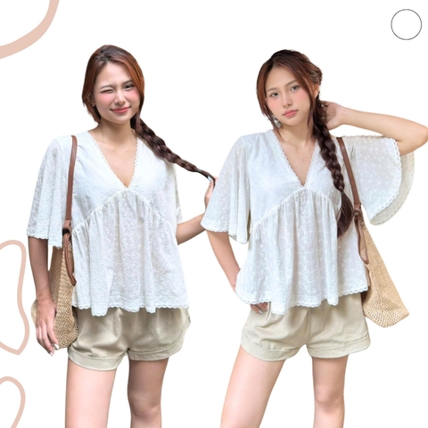 ÁO XÔ THÊU CỔ V PHỐI REN ZAREEN VOA157