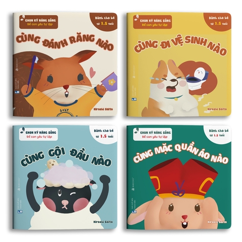 Bộ ba cuốn sách Ehon đại diện cho ba chủ đề: Sách màu sắc, sách dạy đánh răng và sách tương tác đục lỗ có hình quả táo