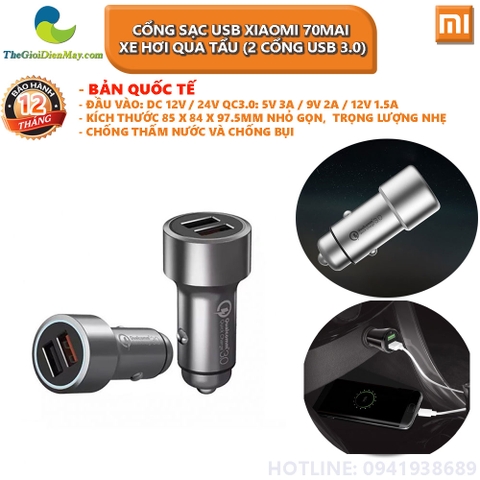 Cổng sạc USB xiaomi 70Mai xe hơi qua tẩu (2 cổng usb 3.0)