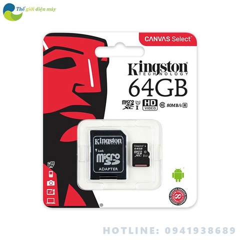 Thẻ nhớ microSDXC Kingston 64GB class 10 Canvas Select 80MB/s - Bảo hành 5 năm - shop Thế giới điện máy