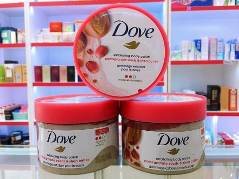 Tẩy da chết Body Scrub Dove Exfoliating từ bơ hạt mỡ và lựu 298g của Mỹ