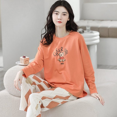 BỘ COTTON QUẦN DÀI HÌNH GẤU MẦU CAM SIZE L MÃ 5213