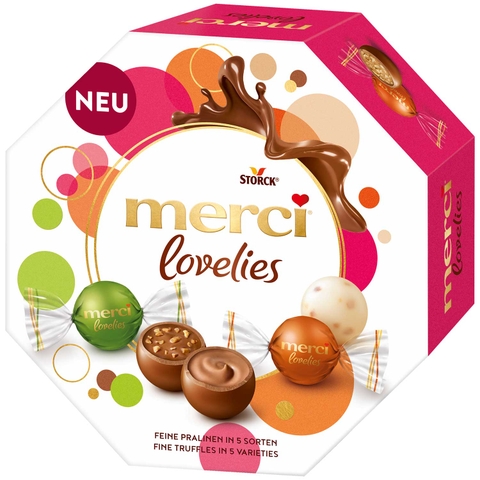 Kẹo Socola Merci Đức hộp bìa hình ngũ giác 185g ( màu hồng Lovelies )