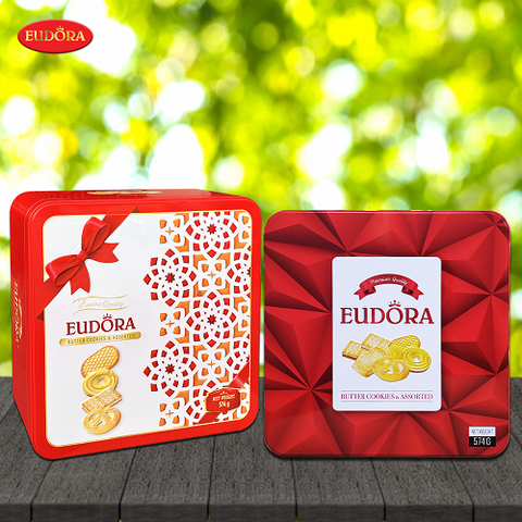 Bánh quy bơ tổng hợp Eudora-NK Indonesia hộp thiếc nơ đỏ trắng574g