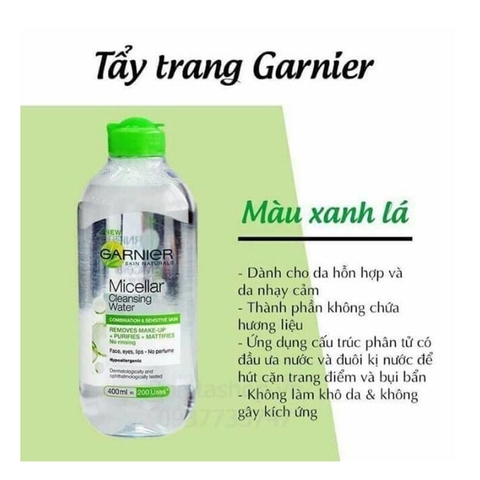 Nước Tẩy trang Garnier - Xanh Lá da hỗn hợp & nhạy cảm 400ml