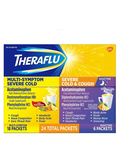 HỖ TRỢ CẢM VÀ HO THERAFLU MULTI-SYMPTOM + NIGHTTIME SEVERE COLD & COUGH 24 GÓI