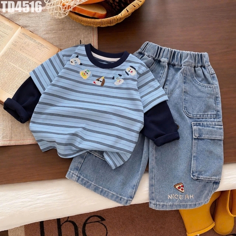 Set Áo Sọc Quần Denim Túi Hộp