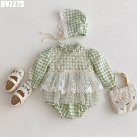 Set Body Váy Ren Caro Tay Dài Kèm Nón