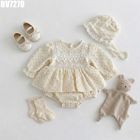 Set Body Váy Chấm Bi Phối Ren Kèm Nón