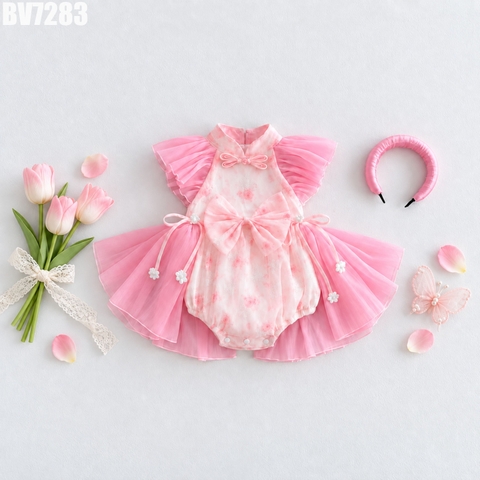 Set Body Váy Voan Nơ Cổ Tàu Kèm Băng Đô