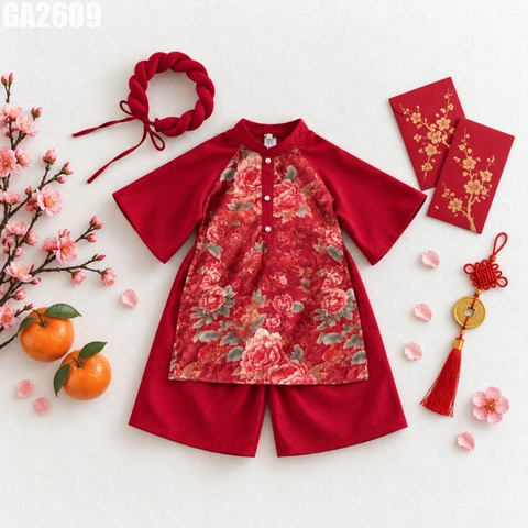 Set Áo Dài Hoa Mẫu Đơn Kèm Mấn