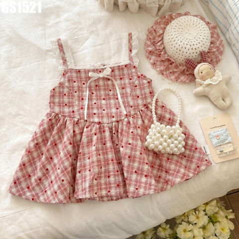 Set Váy 2 Dây Caro Tim Kèm Nón