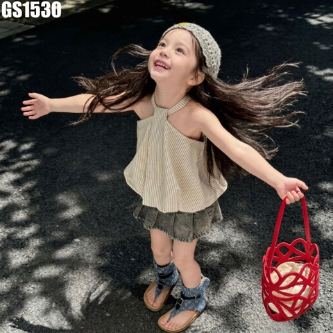 Set Áo Cổ Yếm Sọc Váy Denim
