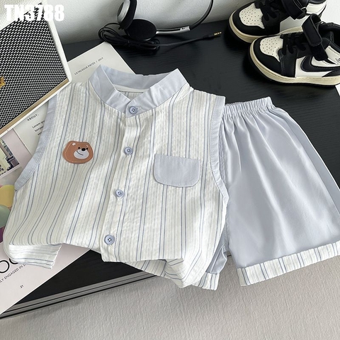 Set Áo Sơ Mi Sát Nách Sọc Kèm Quần