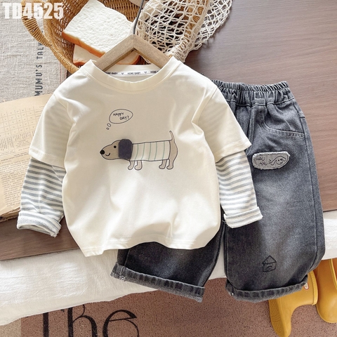 Set Áo Tay Sọc Cún Kem Quần