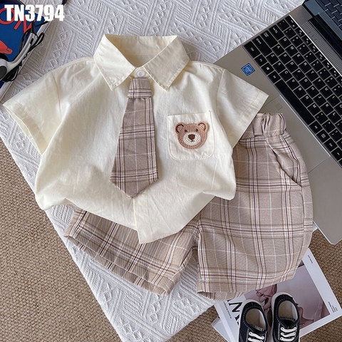 Set Áo Sơ Mi Gấu Cà Vạt Quần Caro