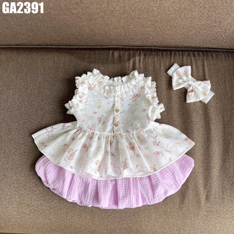 Set Áo Hoa Nhí Tay Bèo Váy Nơ Kèm Turban