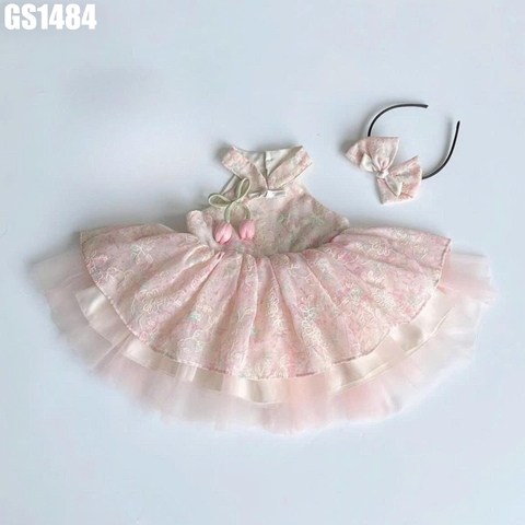 Set Váy Yếm Hoa Phồng Khoét Lưng Kèm Cài