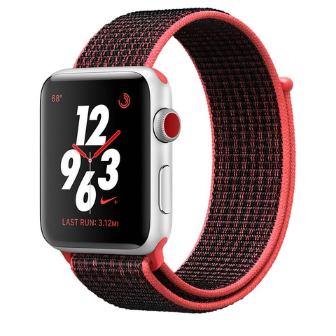 Apple Watch Series 3 GPS + Cellular 38mm - Nike+ Silver Aluminum Case with Bright Crimson-Black Nike Sport Loop
