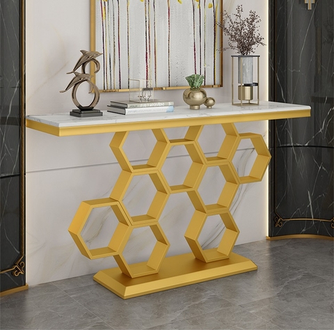 Bàn Console Tổ Ong Mặt Đá Trắng Chân Sắt Vàng - BTT110.1
