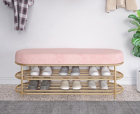Ghế Ngồi Mang Giày Màu Hồng Chân Sắt Vàng - GMG02C.1