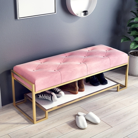 Ghế Ngồi Mang Giày Màu Hồng Chân Sắt Vàng - GMG08.1