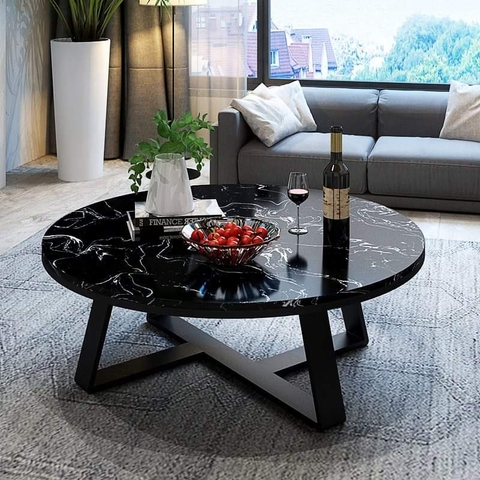 Bàn Trà Tròn D70 Mặt Đá Đen Chân Sắt Sơn Đen - BT189.9
