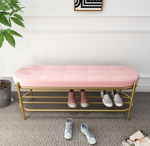 Ghế Ngồi Mang Giày Màu Hồng Chân Sắt Vàng - GMG01