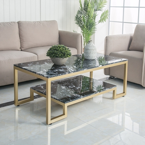 Bàn Trà Sofa Chữ Nhật 2 Tầng Đá Đen Chân Vàng Hiện Đại