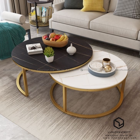Bàn Trà Đôi Tròn D7050 Mặt Ceramic Trắng, Đen Chân Sắt Vàng- BT43.8B