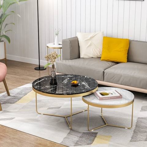 Bàn Trà Đôi Tròn D6045 Mặt Đá Trắng & Đen Chân Y Sắt Sơn Vàng - BT187.3