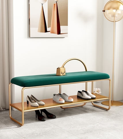 Ghế Ngồi Mang Giày Màu Xanh Chân Sắt Vàng - GMG10.2