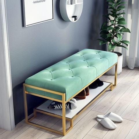 Ghế Ngồi Mang Giày Màu Xanh Chân Sắt Vàng - GMG08.2
