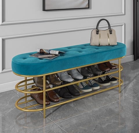 Ghế Ngồi Mang Giày Màu Xanh Chân Sắt Vàng - GMG02A.2
