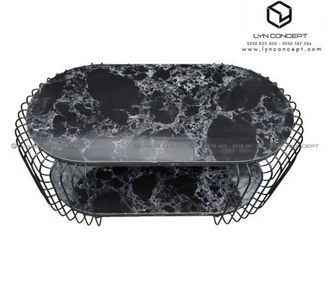 Bàn Trà Oval 2 Tầng Mặt Đá Đen Chân Sắt Lồng Sơn Đen- BT184.3