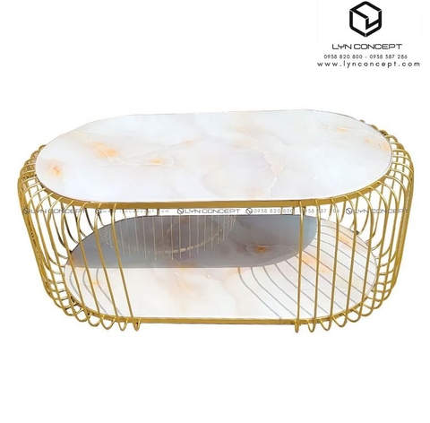Bàn Trà Oval 2 Tầng Mặt Kính Trắng In Vân Đá Chân Sắt Lồng Sơn Vàng- BT184.5
