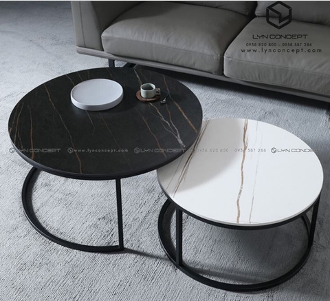 Bàn Trà Đôi Tròn D7050 Mặt Ceramic Trắng, Đen Chân Sắt Đen- BT43.3B