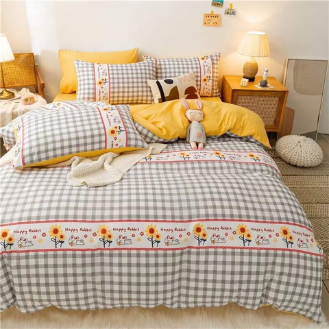 Bộ Chăn Ga Gối 5 Món Cotton Poly Hàn Quốc In Hình Caro Nhỏ Màu Xám Phối Trên Nền Xám Vàng - CP65
